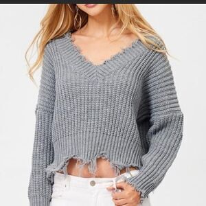 STORIA Loose Ripped V Neck Sweater Gray Size Small
